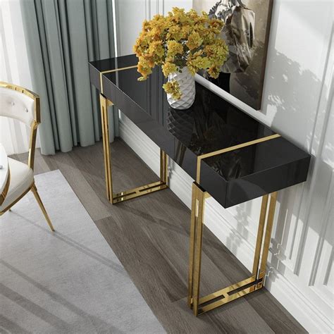 Modern Luxury Black Console Table With Drawer Storage Rectangular