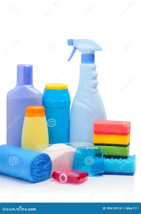 Cleaning Supplies Sponges Cleaning Powder And Garbage Bags Stock