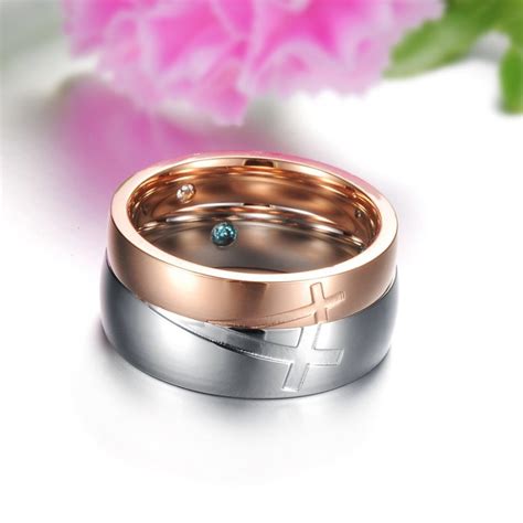 Engravable Titanium Silver and Rose Gold Cross Couple Rings