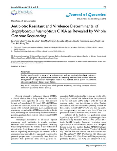 Pdf Antibiotic Resistant And Virulence Determinants Of Staphylococcus Haemolyticus C10a As