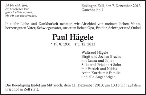 Traueranzeigen von Paul Hägele zeit des gedenkens de