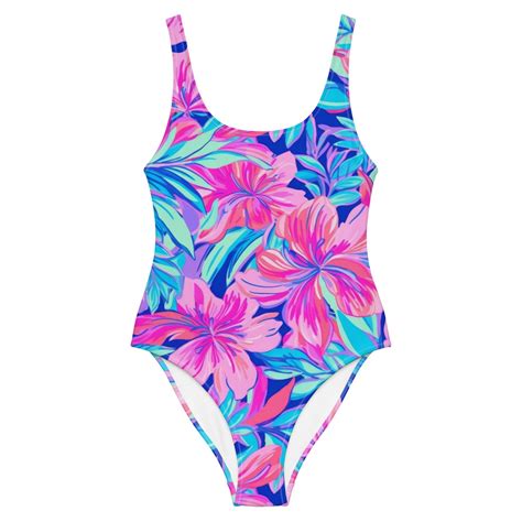 Tropical Floral Print One Piece Swimsuit Pink Blue Womens Minimal