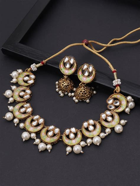 Buy Sukkhi Gold Plated Green White Kundan Studded Pearl Meenakari