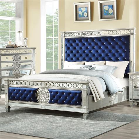 Bedroom Furniture Blue Velvet Mirrored Crystal Like Button Eastern King Size Bed - Walmart.com ...