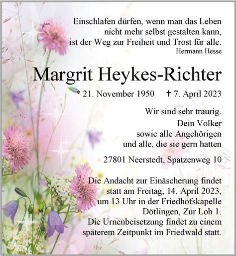 Traueranzeigen Von Margrit Heykes Richter Nordwest Trauer De