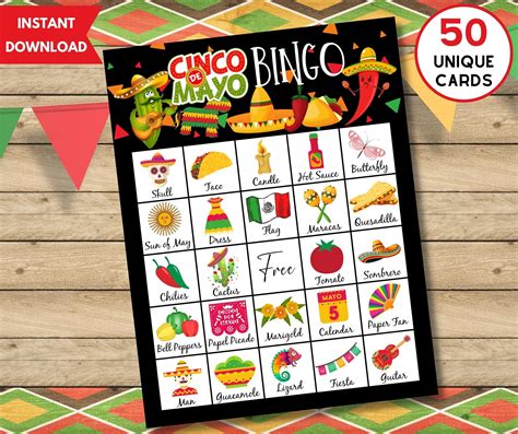 Cinco De Mayo Bingo Game 50 Unique Bingo Cards W Labels Mexican