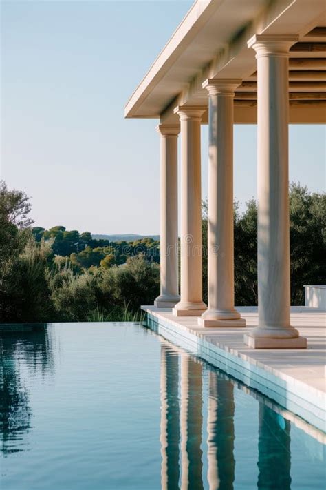 Outdoor Pool Area Near The Classical Style House With Columns Stock