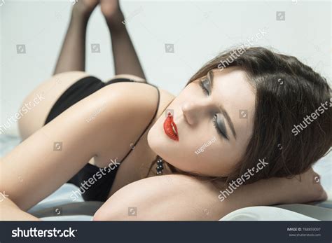 Sensual Aroused Beautiful Woman Lingerie Lying Stock Photo