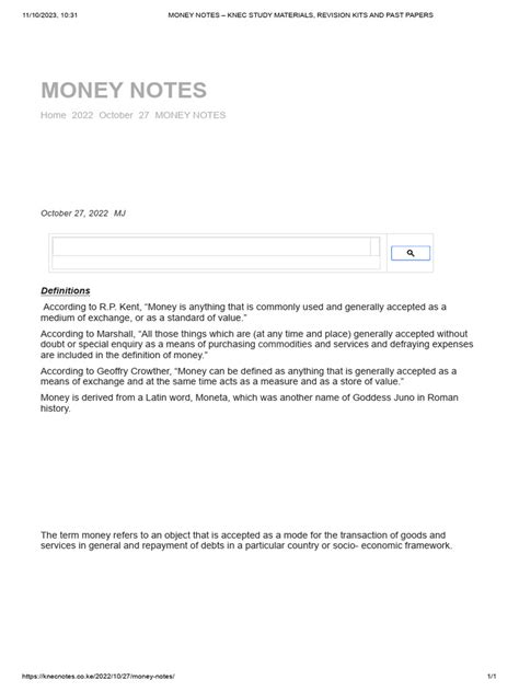 definition  money notes knec study materials revision kits