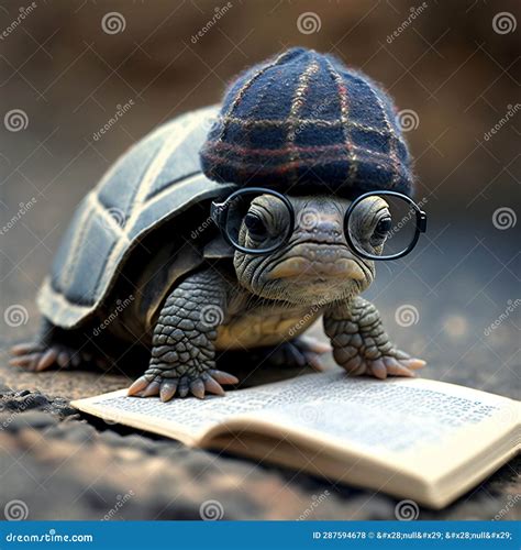 A Turtle Wearing Glasses And A Hat Reads Books Generative Ai Stock