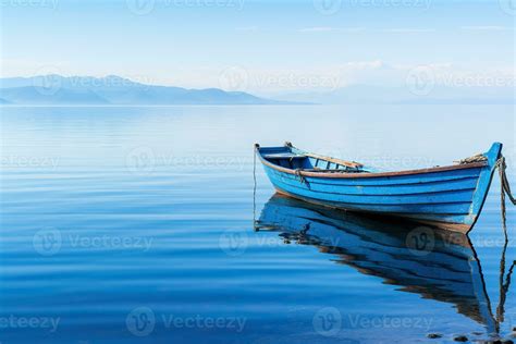 Blue Wooden Boat In A Calm Blue Sea Reflection Of A Boat On The Water