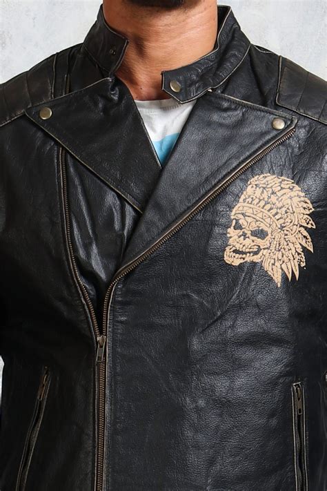 Indian Skull Leather Jacket For Men In Black