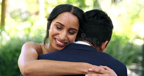 Wedding Happy And Man And Woman Hug In Park For Marriage Ceremony