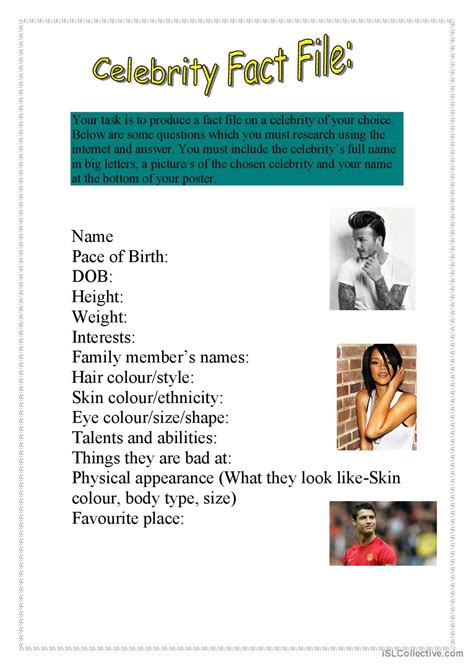 Celebrity Fact File English ESL Worksheets Pdf Doc