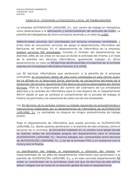 CASO 6 Laboral 4º DERECHO RR 2023 CASO Nº 6 CONTRATA LICITA