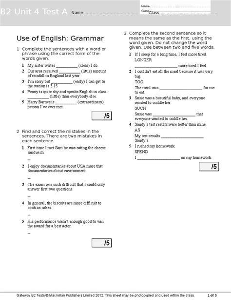 B2 Unit 4 Test A Use Of English Grammar Expert