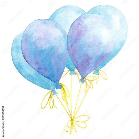 Watercolor Hand Drawn Bunch Of Blue Balloons Isolated On White