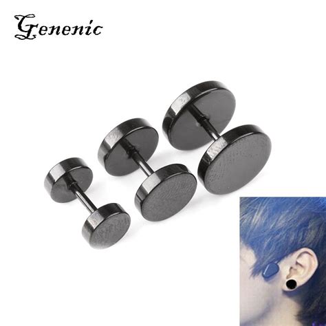 1Pair Black Silver Color Men Barbell Punk Ear Studs Trendy Round