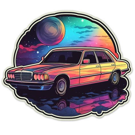 Premium AI Image A Brightly Colored Sticker Of A Car With A Sunset In