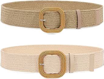 Suosdey Pack Straw Woven Elastic Belt Braided Stretch Wide Belt For