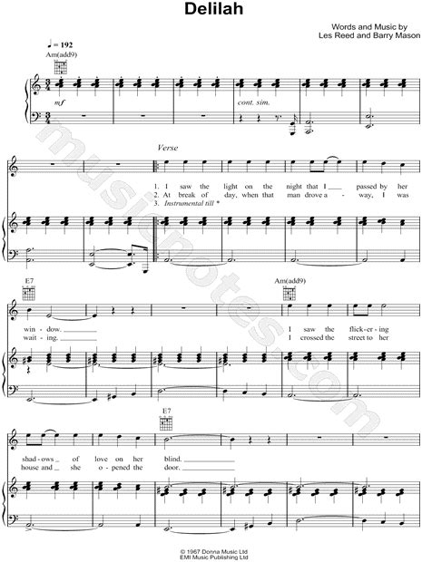 Tom Jones Delilah Sheet Music In A Minor Transposable Download And Print Sku Mn0069762