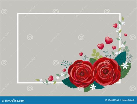 Rose Flowers With Hearts And White Frame Design Stock Vector