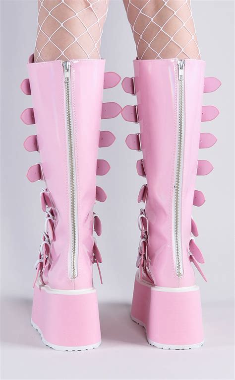 Demonia Damned 318 Pink Holographic Boots Gothic Alt Shoes Australia