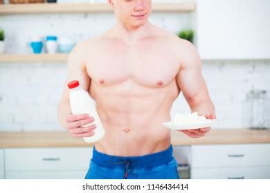 Muscular Man Naked Torso Kitchen Milk Stock Photo 1146434414 Shutterstock