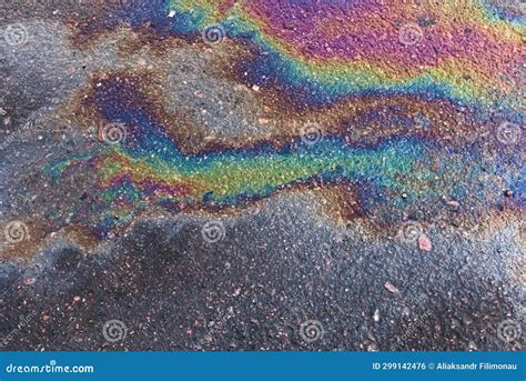 Gasoline Spot On Wet Asphalt Multi Colored Oil Spill On Asphalt Road