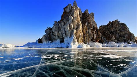 Frozen Lake Baikal Rocks Russia Baikal Ice Cliff Frozen Lake