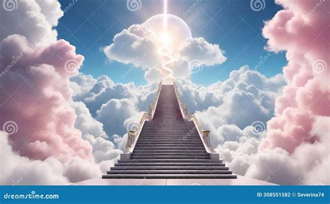 Stairway Leading Up To Bright Light With Clouds Heaven Concept Stock