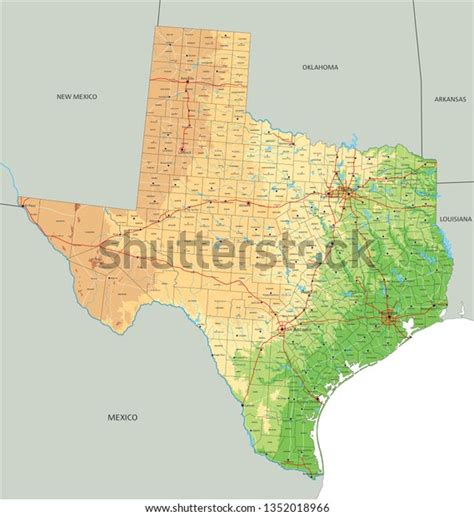 High Detailed Texas Physical Map With Labeling