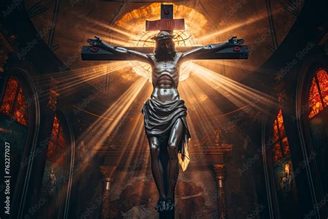 Crucifix Jesus On The Cross In Church With Ray Of Light From Stained