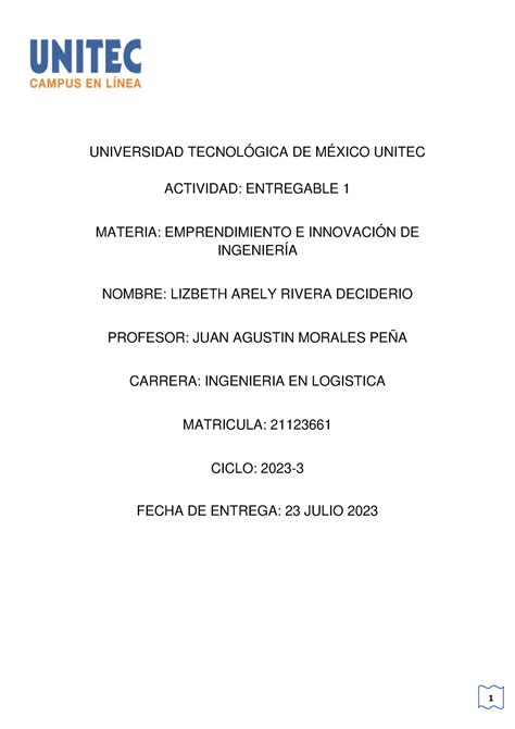 Entregable 1 UNIVERSIDAD TECNOLÓGICA DE MÉXICO UNITEC ACTIVIDAD