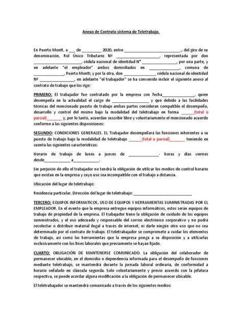 Modelo Anexo De Contrato Sistema De Teletrabajo Pdf Teletrabajo