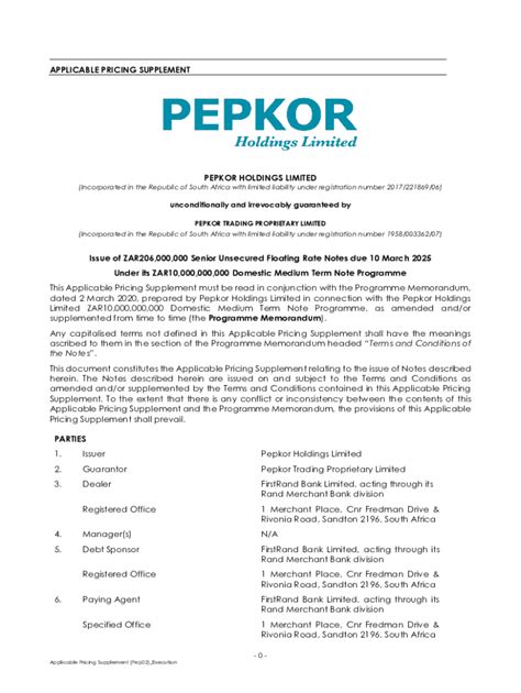 Fillable Online Applicable Pricing Supplement Pepkor Holdings Limited