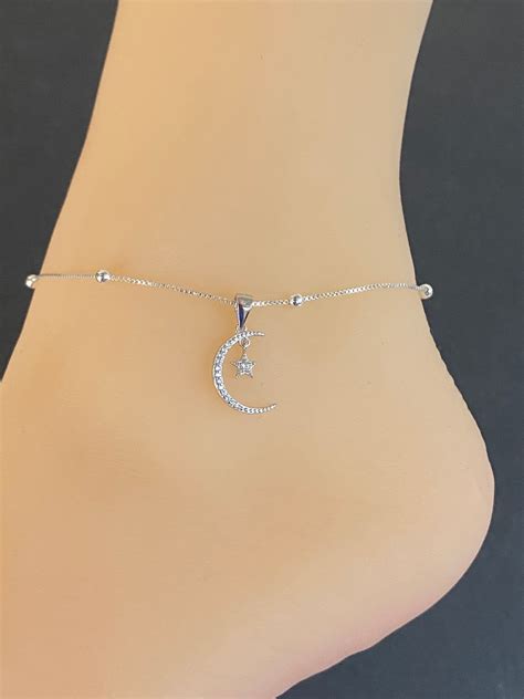 Moon And Star Anklet Sterling Silver Cz Beaded Ankle Etsy