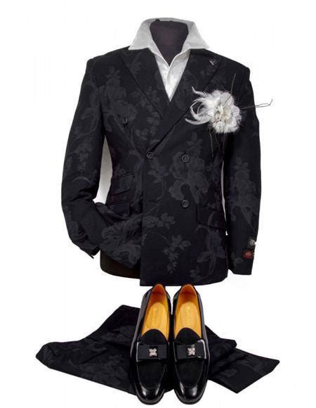 Mens Black Double Breasted Peak Lapel Floral Patters Suit