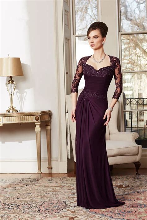 Purple Lace Mother Evening Dress Plum With Beads Chiffon Sheer Neck