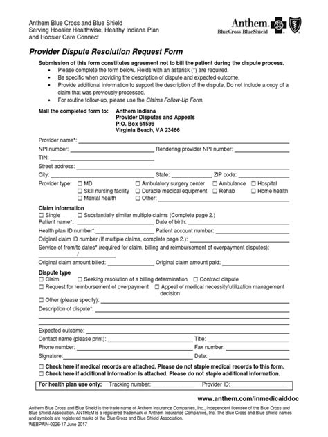 Bcbs In Provider Dispute Resolution Request Form Pdf Blue Cross Blue Shield Association