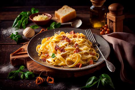 Plato De Pasta Carbonara Con Su Salsa Cremosa Con Trocitos De Tocino Y