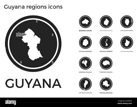 Iconos De Regiones De Guyana Logotipos Redondos Negros Con Mapas Y