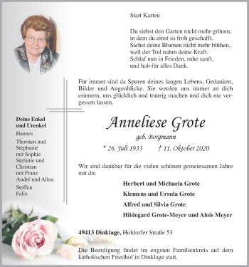 Traueranzeigen Von Anneliese Grote Om Trauer De