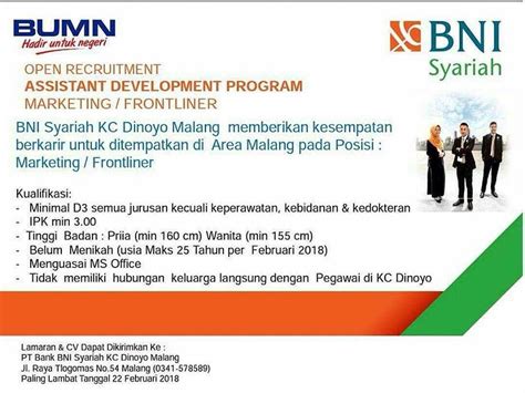 PT Bank BNI Syariah Fresh Graduate ADP Frontliner Marketing BNI