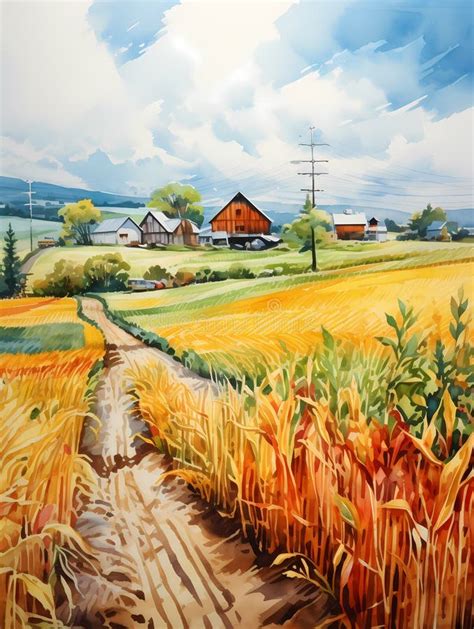 A Watercolor Painting of a Farmland Scene, a Painting of a Farm Stock ...