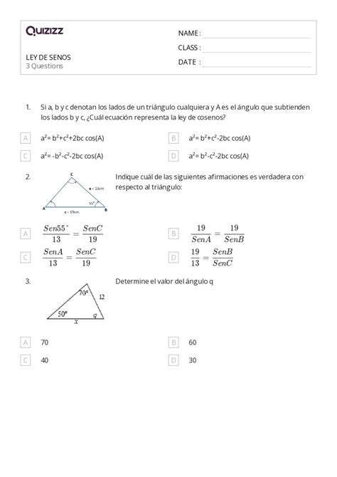 Ley De Los Senos Hojas De Trabajo Para Grado En Quizizz Gratis