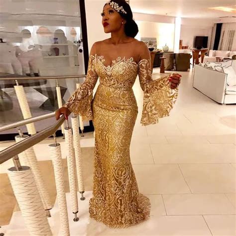 Asoebi Rabe Vestidos De Baile De Manga Larga De Encaje Dorado