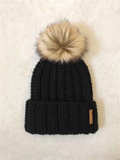 The Jessie Beanie With Faux Fur Pom Pom Black Adult Size Ready To