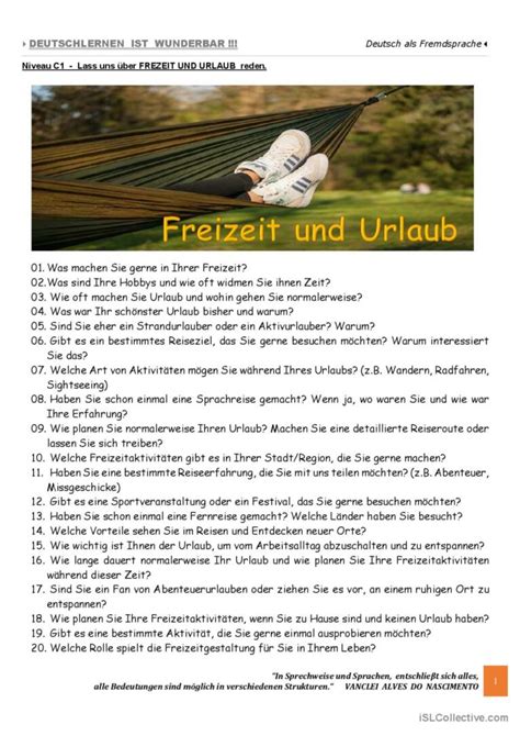 C Lass Uns Ber Freizeit Und Urla Deutsch Daf Arbeitsbl Tter Pdf Doc