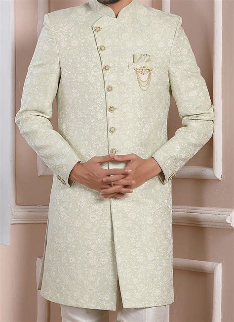 Shop Mint Green Jacquard Silk Indowestern Sherwani Wedding Wear Online